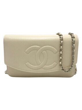 Chanel Shoulder Bag CC Logo Caviar Leather Cream White